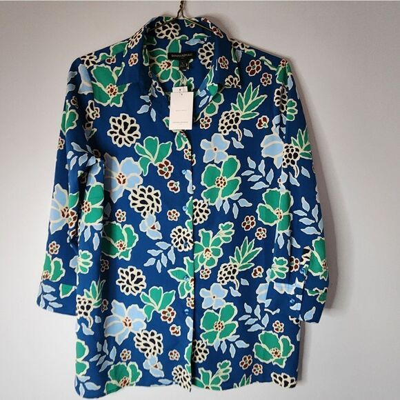 Banana Republic Blouse Top Small Blue Green Floral Split Back Blouse Women NWT - Picture 9 of 10